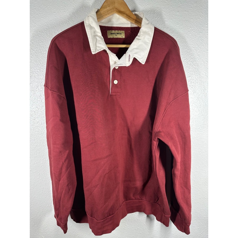 Broken Threads Rugby Sweatshirt Mens XL‎ Burgundy White Collar Pullover 6986